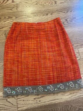 Josephine Chaus Orange Red Tweed Mini Skirt with Embellished Hem